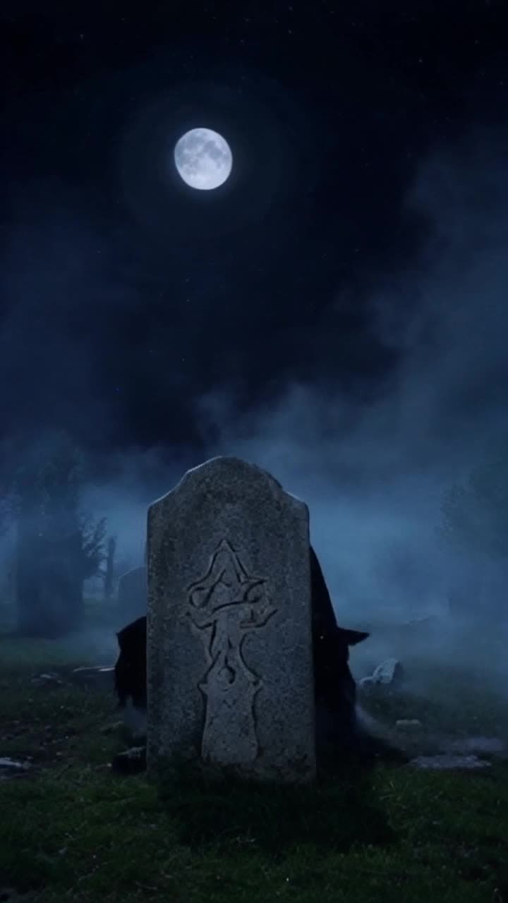 A ghoul rising up from behind one of the tombstones in on a dark foggy moon lite night,  the ghoul is a horrific demonic creature with glowing eyes 