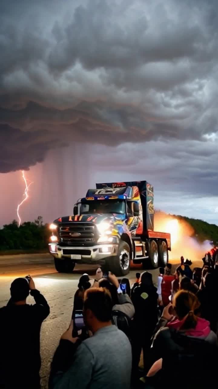 Monstrous truck with vibrant decals towering over the landscape revving its colossal engine Shattering concrete barriers in an explosive burst of dust and debris Underneath a dramatic sky filled with dark thunderclouds illuminated by flashes of lightning and a cheering crowd in awe scattered across the arena