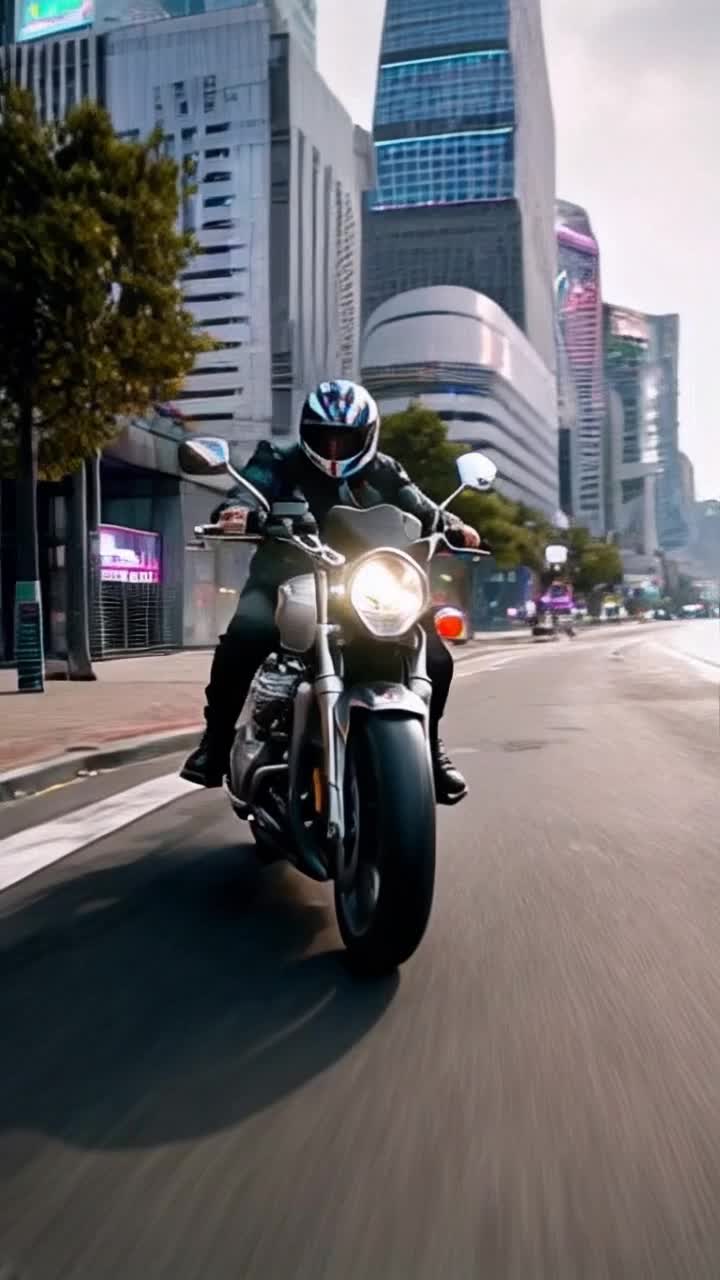 Sleek futuristic motorcycle gliding effortlessly along a neonlit city street vibrant colors reflecting off chrome surfaces Rider wears in hightech gear leans into sharp turns with precision and style Skyscrapers tower above illuminated by holographic advertisements casting an otherworldly glow Clouds of mist swirl beneath illuminated tires creating a sense of speed and motion Drones zip overhead capturing every exhilarating moment in this dynamic urban landscape