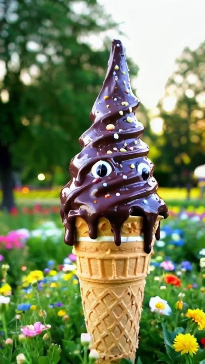 Giant chocolate ice cream cone towering 100 feet alive with whimsical features sparkling eyes and mischievous grin Sweet Tooth Goblin enchanting with vibrant colors dripping gooey melted ice cream in radiant summer sun Playful animation curls of ice cream swirling down waffle cone melting under golden rays lush green park surrounding with a hint of rainbow sprinkles glistening in sunlight vibrant flowers swaying in gentle breeze creating a magical atmosphere bursting with joy and delicious excitement