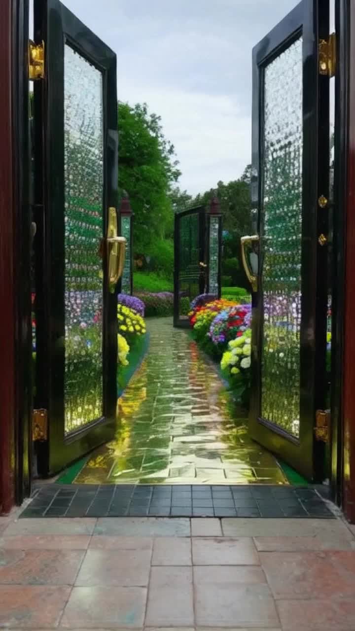 DOORS TO A FANTASY LAND a scene where door opens revealing totally another world A DIAMOND EMBEDDED DOOR OPENS to a paradise like scene greenary, a pathway made up of gold and silver tiles , greenary on either sides , bioluminescent multicolour butterfly flying over colour ful flowers , these flowers are fictitiously colourful and each flower spraying glittery fog