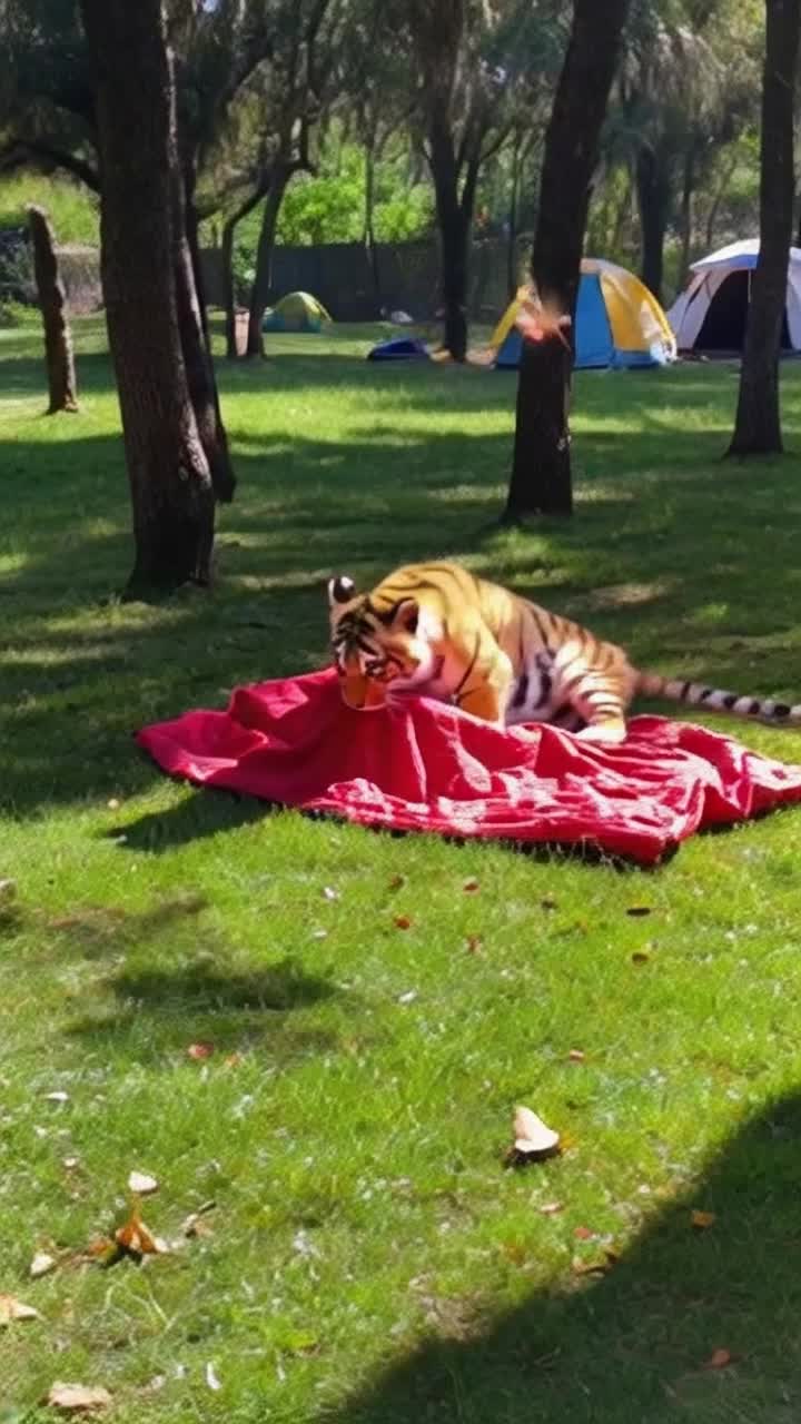 Adorable orange and black striped tiger cub playfully frolicking with a vibrant red camping blanket in the soft grass under its paws Cub rolls over gleefully and stretches curiously while occasional butterflies flutter around Lush green trees tower in the background casting dappled sunlight and shadows on the woodland floor Brightly colored tents dot the campsite, offering warmth and comfort Sounds of nature create a tranquil atmosphere with birds chirping and leaves rustling in the gentle breeze A nearby sparkling creek adds a refreshing sparkle to the scene, enhancing the playful atmosphere of this delightful moment