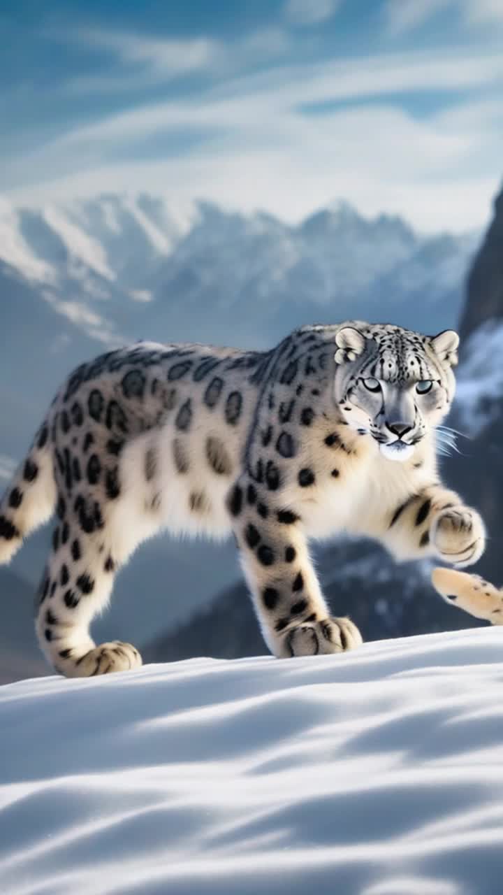 Snow leopard with stunningly luxurious fur sparkling in sunlight playfully frolics energetically through gentle softwhite snowflakes swirling all around Powerful legs leap gracefully creating a whimsical dance leaving delicate paw prints trailing behind as it bounds across an expansive snowy landscape Majestic mountain peaks rise dramatically in the background rugged cliffs adorned with glistening frost while radiant icicles dangle from craggy outcrops Bright azure sky stretches infinitely overhead where fluffy white clouds drift leisurely enhancing the tranquil yet exhilarating essence of this winter wonderland