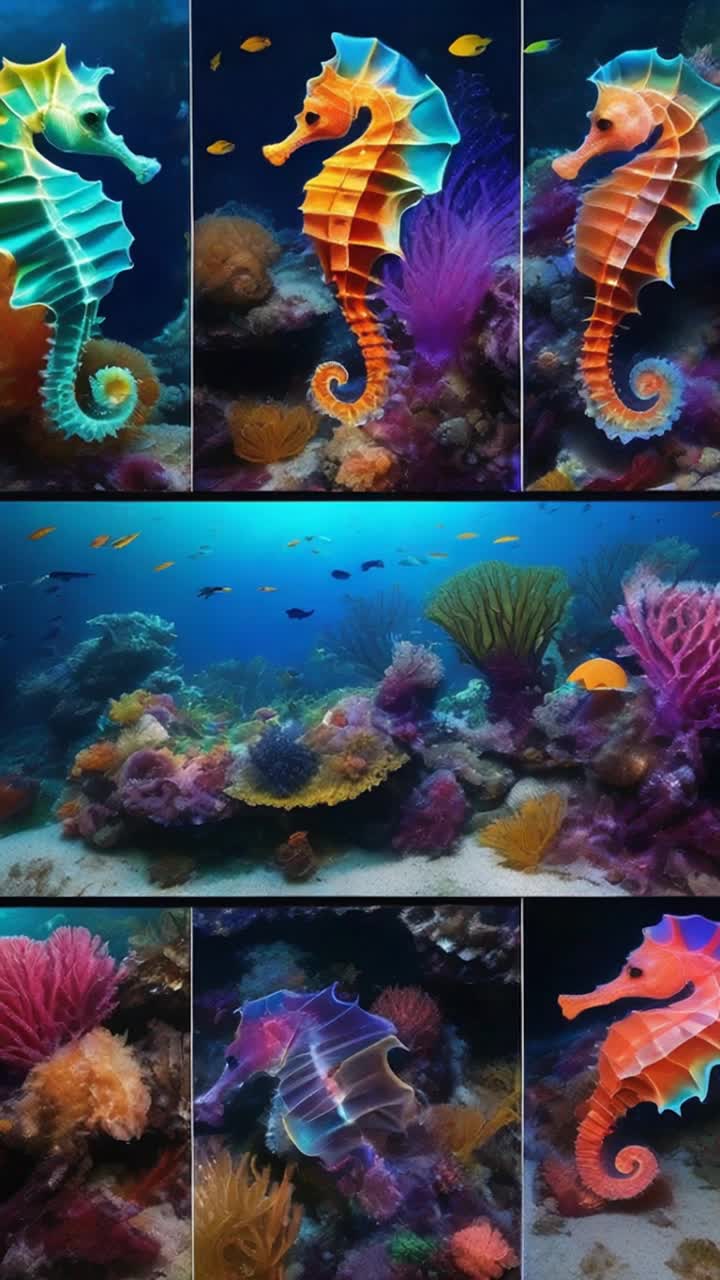 Colorful seahorses shimmering in vibrant hues swirling elegantly through the dark abyss illuminated by bioluminescent creatures surrounding them mystical underwater landscape filled with coral reefs and swaying seaweed softly glowing in the depths creating an enchanting atmosphere where the marine life dances harmoniously in the silence of the deep sea