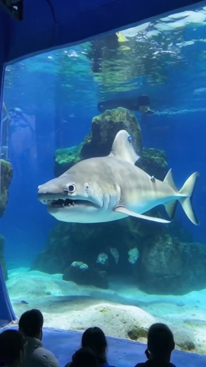 A giant octopus, dirty green in color, with bulging eyes, a tiger shark with its mouth open, watching people in the aquarium with great interest through the large  glass of the ocean aquarium The camera moves from the ocean creatures to the frightened faces of the audience closeup, hyperdetailed video
