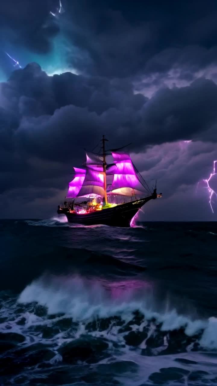 Majestic tall ship with billowing sails illuminated by vivid neon colors surges through towering deep swells of the open sea Waves crash against the hull as lightning illuminates the night sky creating a breathtaking display Churning dark clouds swirl overhead while the ships silhouette contrasts against the electrifying ambiance