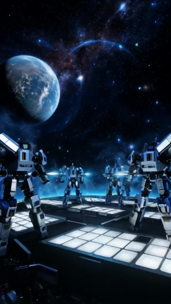 Sleek metallic robots with luminous blue accents recalibrating their circuits in unison engaging in fluid movements with precision surrounding glowing control panels pulsating with energy amidst a starry cosmos filled with swirling galaxies and distant planets showcasing advanced technology with dramatic lighting illuminating their features as they prepare to reclaim lost territory launching powerful energy blasts into the void while a shadowy veil engulfs Earth in the background creating an ominous atmosphere of urgency and determination