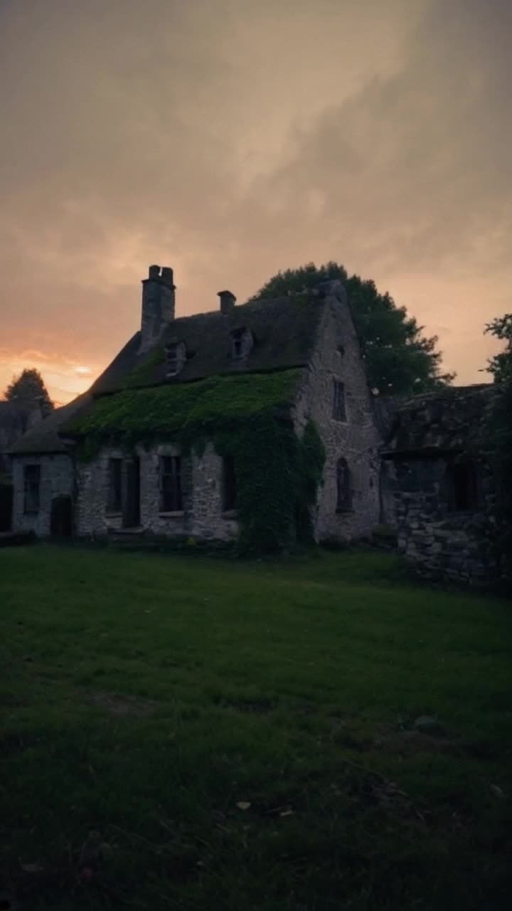 Ancient grey stone structures of an English manor clustered together exuding charm and character portraying times embrace Eerie silence enveloping the scene as soft winds whisper through Lush green grass sprawling around the manor contrasting with weathered stones Overgrown ivy cascades down walls creating a tapestry of natures reclaiming A hazy evening sky painted with oranges and purples sets a wistful backdrop as shadows elongate across the landscape inviting exploration into forgotten stories of history hidden within these quaint relics