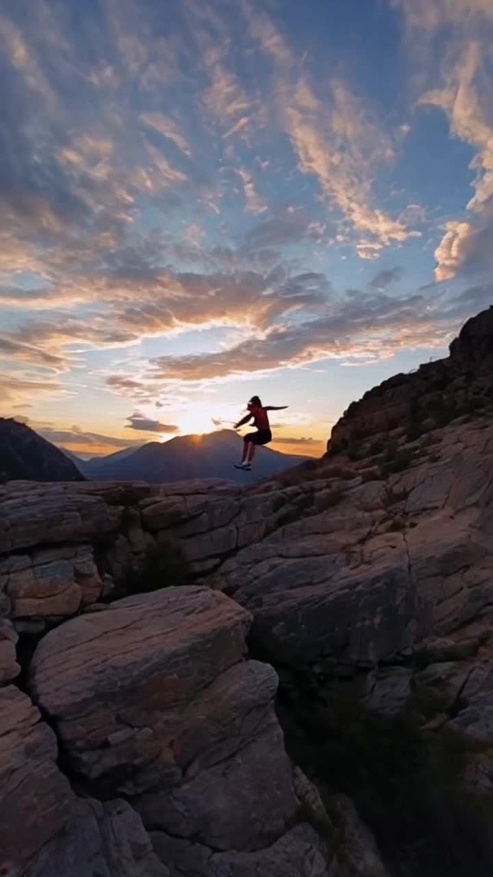 Young athlete with flowing hair and vibrant gear soars gracefully over rugged rocky ravine eyes sparkling with determination. Heart racing fueled by passion sends energy surging as she glides effortlessly through radiant swirling clouds glowing in sunset hues. Majestic mountains rise in the distance adding grandeur to her feat as she defies gravity. Shadows dance on the rocky landscape creating depth and intensity in the scene. Each leap captures the essence of freedom and strength, showcasing her relentless spirit against the breathtaking backdrop. Energetic winds whip through the air enhancing the drama of her thrilling journey through nature's masterpiece