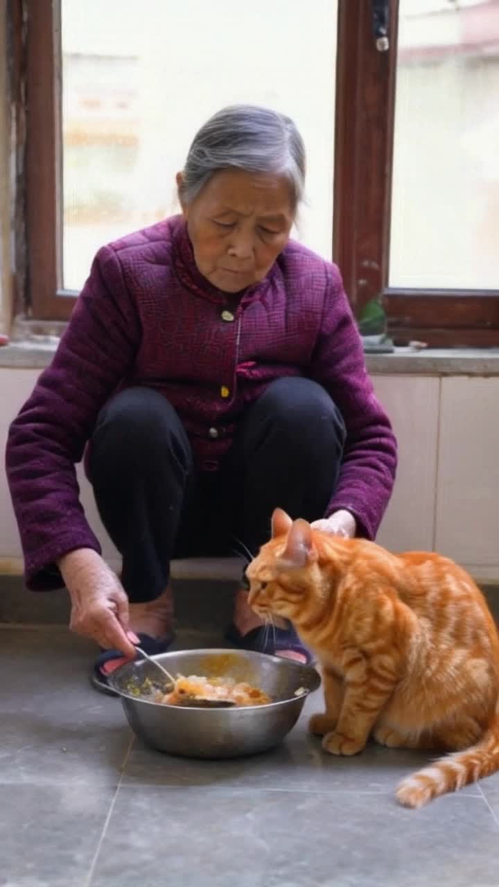 Old lady making fish curry and Orange fat cat eat all fish curry and old lady get angry