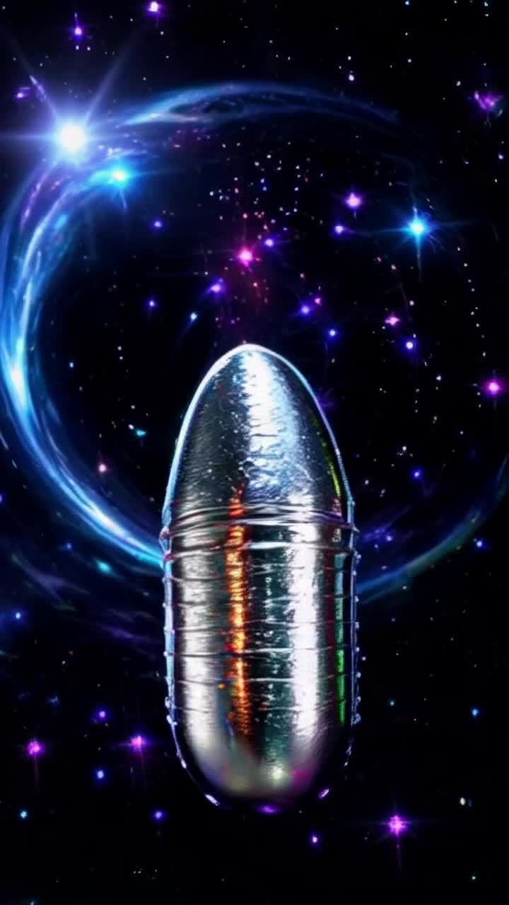 Shimmering chrome egg rolls gracefully into focus radiating metallic reflections vibrant colors burst as it cracks open revealing a mesmerizing alien female bursting with cosmic energy her skin glimmers with iridescent hues elongated limbs stretch elegantly against a surreal backdrop surreal landscapes of swirling galaxies and twinkling stars canvas swirling dreamlike patterns creating a fantastical realm both otherworldly and captivating