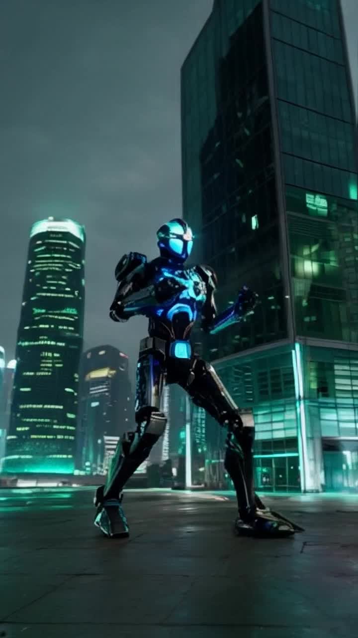 Robot fighting person Shimmering metallic humanoid with intricate circuits glowing softly in deep blues and greens gliding effortlessly through a futuristic urban landscape filled with towering skyscrapers and neon lights reflecting off sleek surfaces