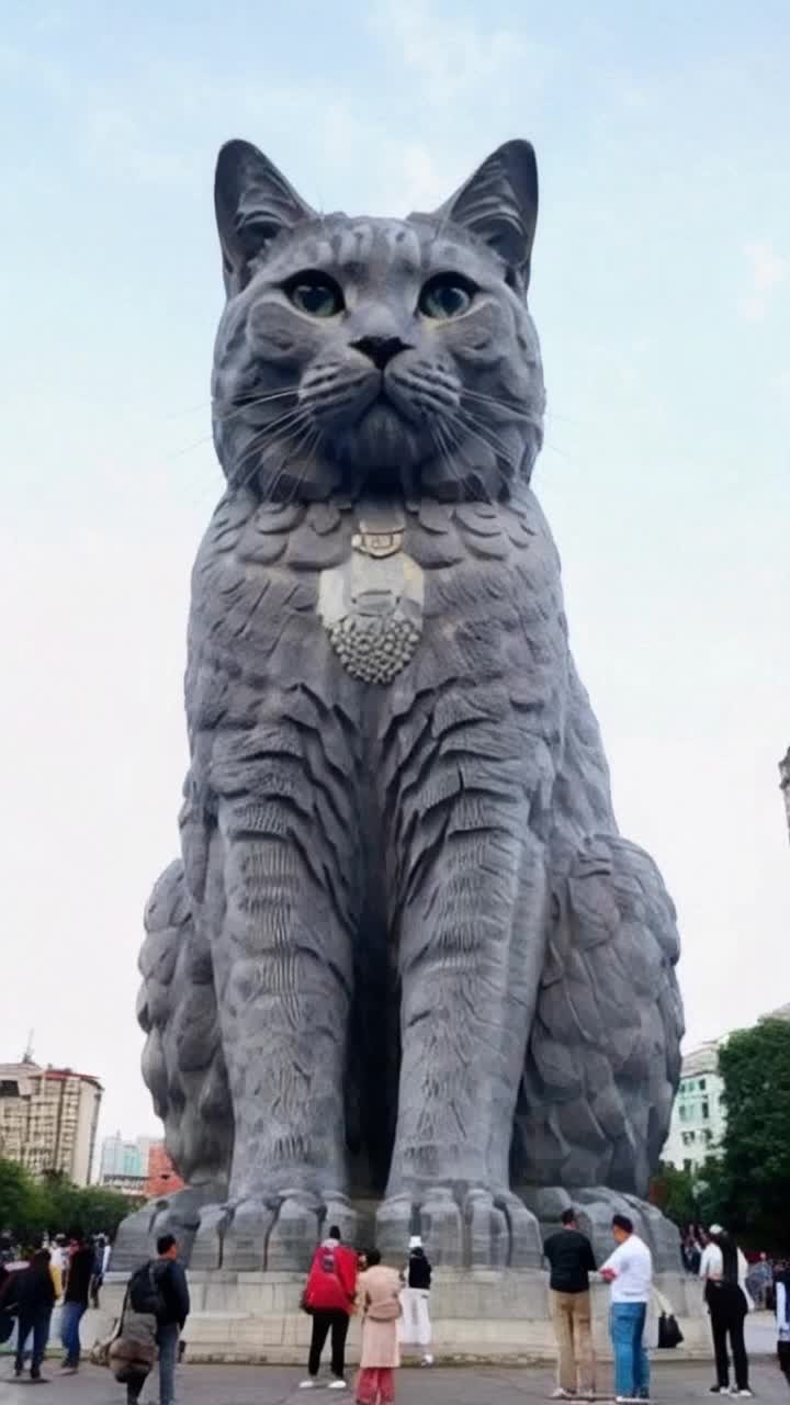 Giant 60 foot tall statue of large cat, watching the people on ground 