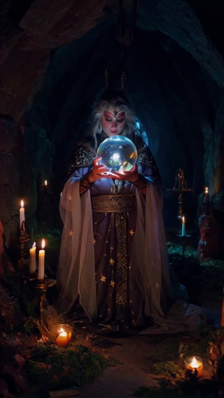 Mysterious sorceress draped in flowing robes adorned with glimmering stars gazes intently into enchanting crystal ball emitting swirling colors of light illuminating her face Ancient gypsy witch with wild silver hair and intricate tattoos studies the vision within the orb as shadows dance around her flickering candles casting an ethereal glow in a dimly lit cavern filled with vibrant herbs and mystical artifacts