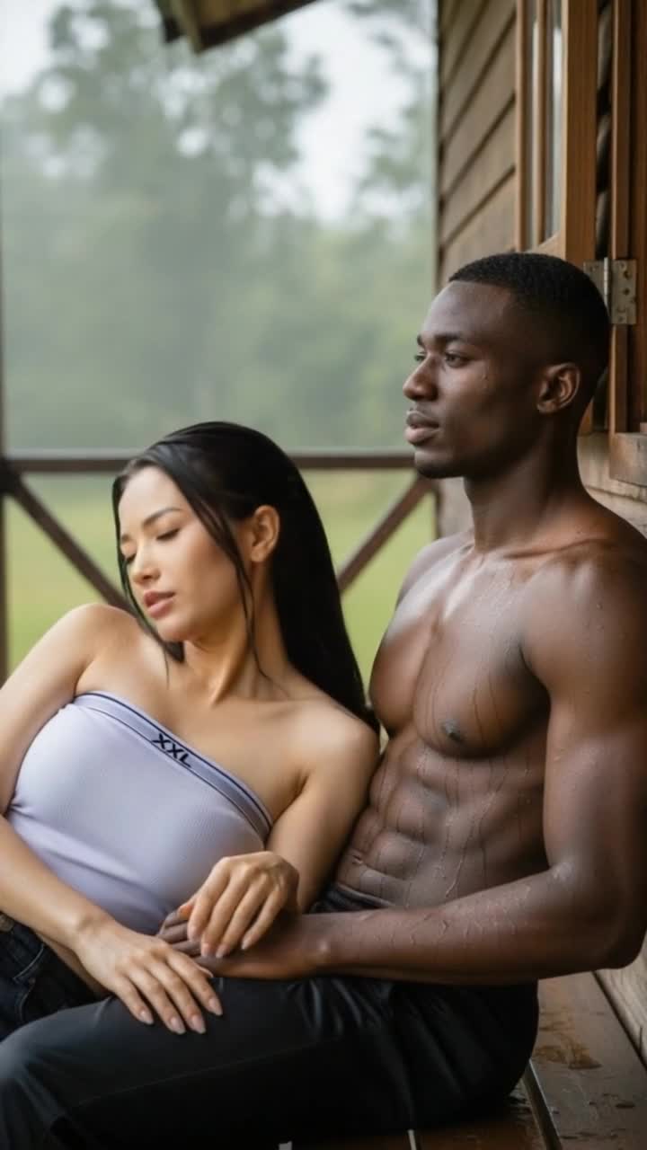 heavy rain, man massages womans chest