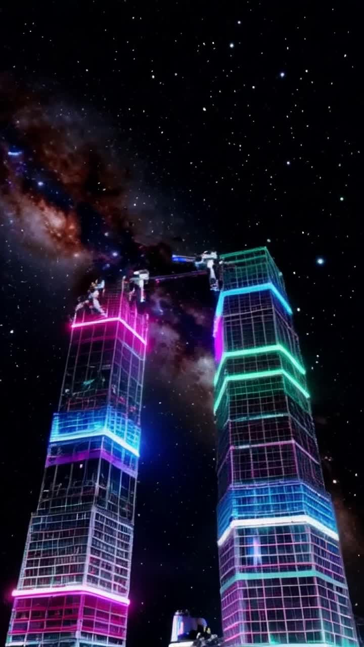 Vibrant futuristic robots gliding gracefully through vast cosmos spark with dynamic lights whirring and clanking as they expertly construct massive glowing skyscrapers of polished metal vibrant neon colors illuminating dark expanse of space swirling galaxies twinkling in backdrop dynamic energy radiating from robotic movements detailed craftsmanship on structures reflecting brilliance of distant stars