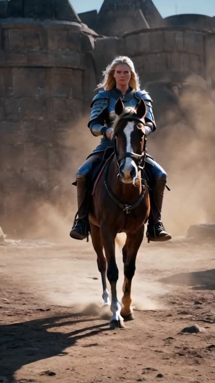 cinematic 3D animation of a beautiful blonde female warrior riding a majestic horse She has long flowing hair, wears detailed battle armor, and carries a shining sword The scene is set in a warlike atmosphere, with dramatic lighting, dust in the air, and a slight slowmotion effect The visual style is realistic with a touch of fantasy