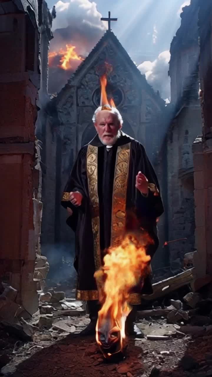 Old man wearing luxurious satin robe shimmering white adorned with intricate gold fish motifs wearing cleric fish hat resembling papal tiara recoiling in disgust as his human face falls to reveal a spinning flame, he stomps on the mask face on the ground  Collapsing church looming ominously behind him crumbles under unseen pressure, covering the old man in darkness swirling overhead  Rays of ominous light piercing through crumbled walls echoes of whispers filling the air tension palpable as shadows dance around fallen structure as orange flames engulf from within, the buildings used for nefarious unnatural doings fall to complete ruin  