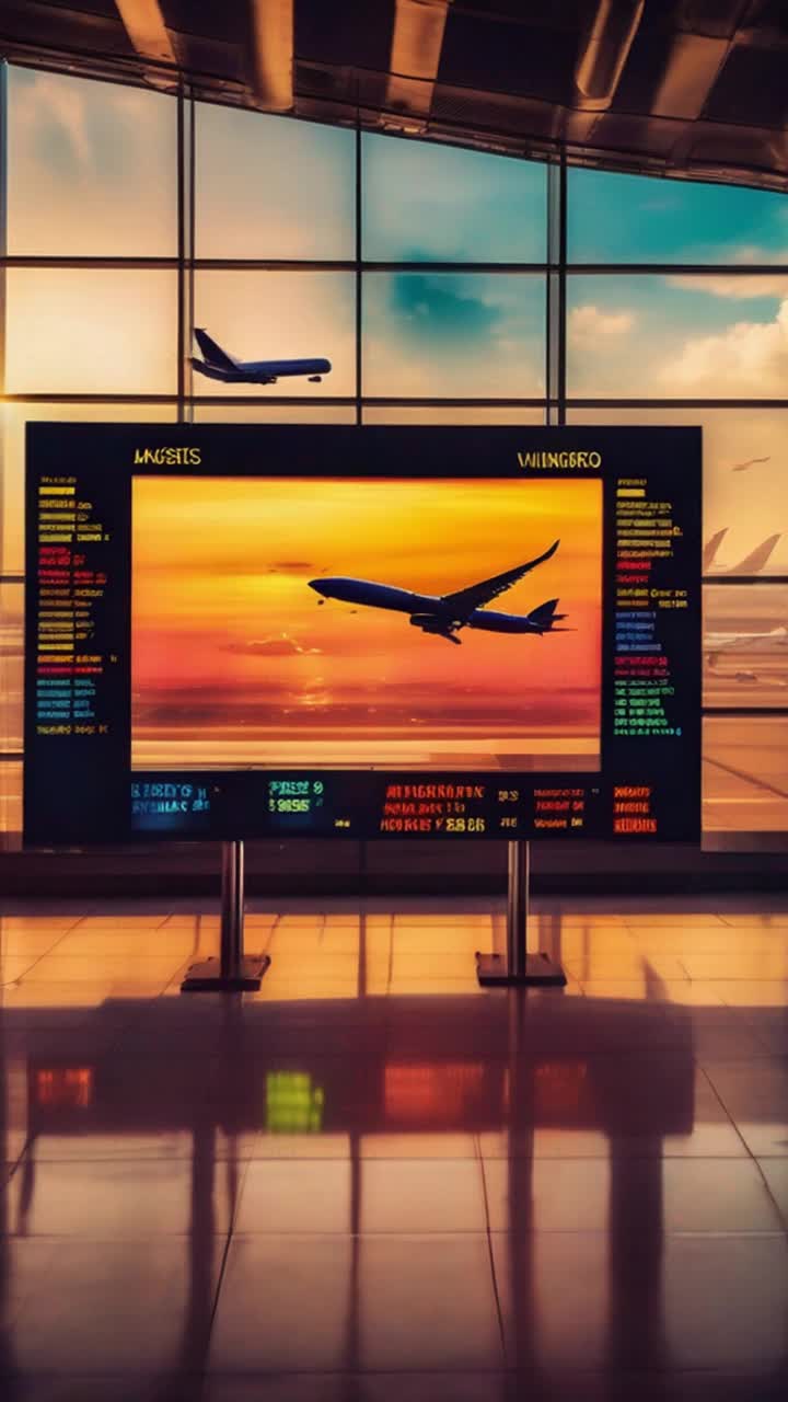 Colorful flight timetable board glows with vibrant screens tracking multiple flights with animated icons depicting planes soaring through skies Two airplanes taxiing smoothly on a gleaming runway preparing for takeoff pushing forward into blue expanse of clouds above Majestic airport terminal bustling with travelers moving energetically as vivid sunset bathes everything in warm golden tones creating an electrifying atmosphere of anticipation and adventure