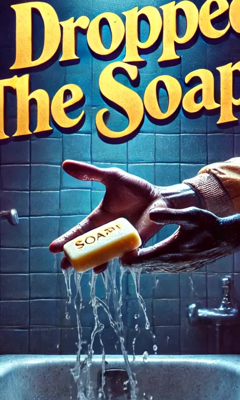 Lone man with exaggerated facial expressions stands in dimly lit prison stall surrounded by cold tiled walls Water cascades off his muscular physique as he gasps Moment unfolds in slow motion as bright bar of soap slips from trembling hands tumbling toward ground Camera captures dramatic descent with cinematic angles spotlighting twist and bounce Water droplets cascade around it shimmering in flickering light Bold golden title text pulsates softly illuminating scene creating intriguing contrast between humor and tension Other animated characters react in overthetop fashion with exaggerated gestures and gasps filling the air