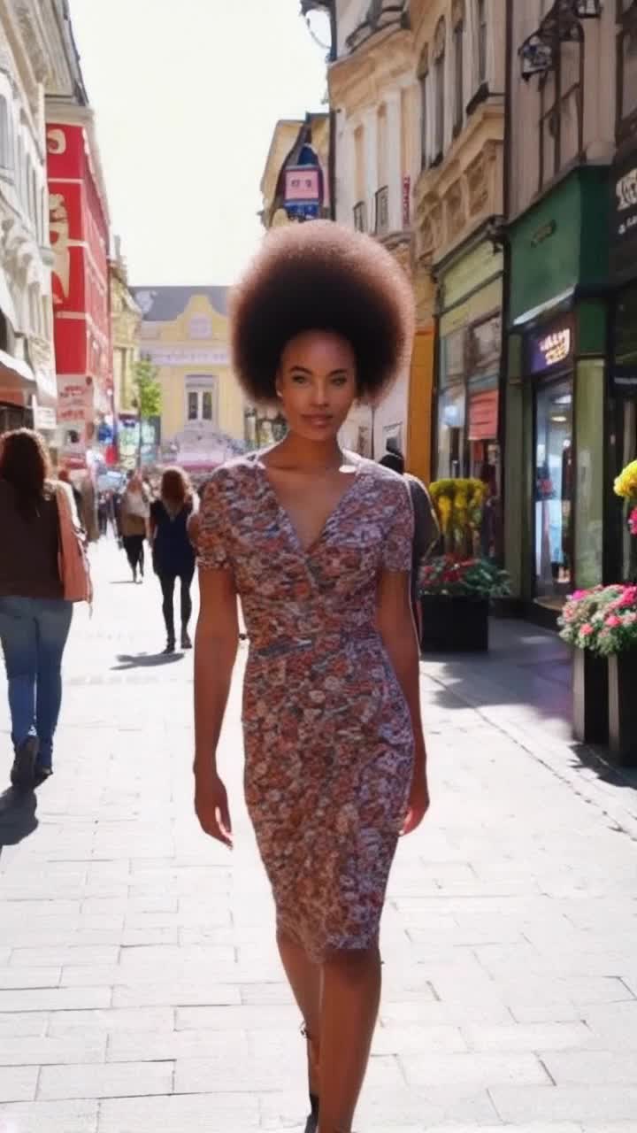 Elegant woman with a towering beehive hairdo Radiating confidence as she struts down a vibrant city street Colorful storefronts line the boulevard warm sunlight catches her hair creating a halo effect bustling pedestrians pause to admire this vintage beauty as flowers bloom in nearby planters adding charm to the scene