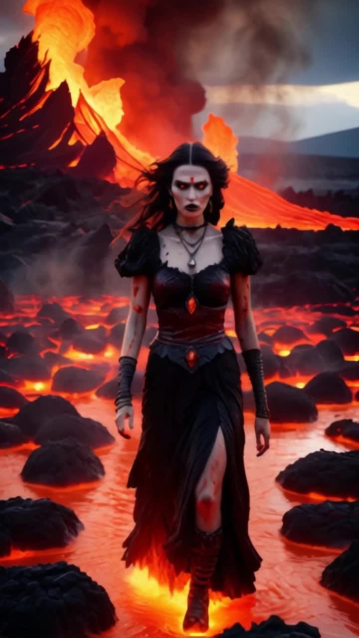 Enchanting goth metal tempting lady with flowing black lace gown dashes forward with urgency fiery tendrils of lava erupting behind her dark ashes swirling in toxic air jagged rocks scatter across the landscape glowing embers dance in the chaos ominous skies rumble with thunderous roars of the volcano vibrant molten rivers carve through the earths surface illuminating her fierce expression wild hair flowing in the fierce wind as she escapes destruction desperately seeking safety in the shadows of looming cliffs haunting melodies of her music echo through the destruction as she runs towards an uncertain fate