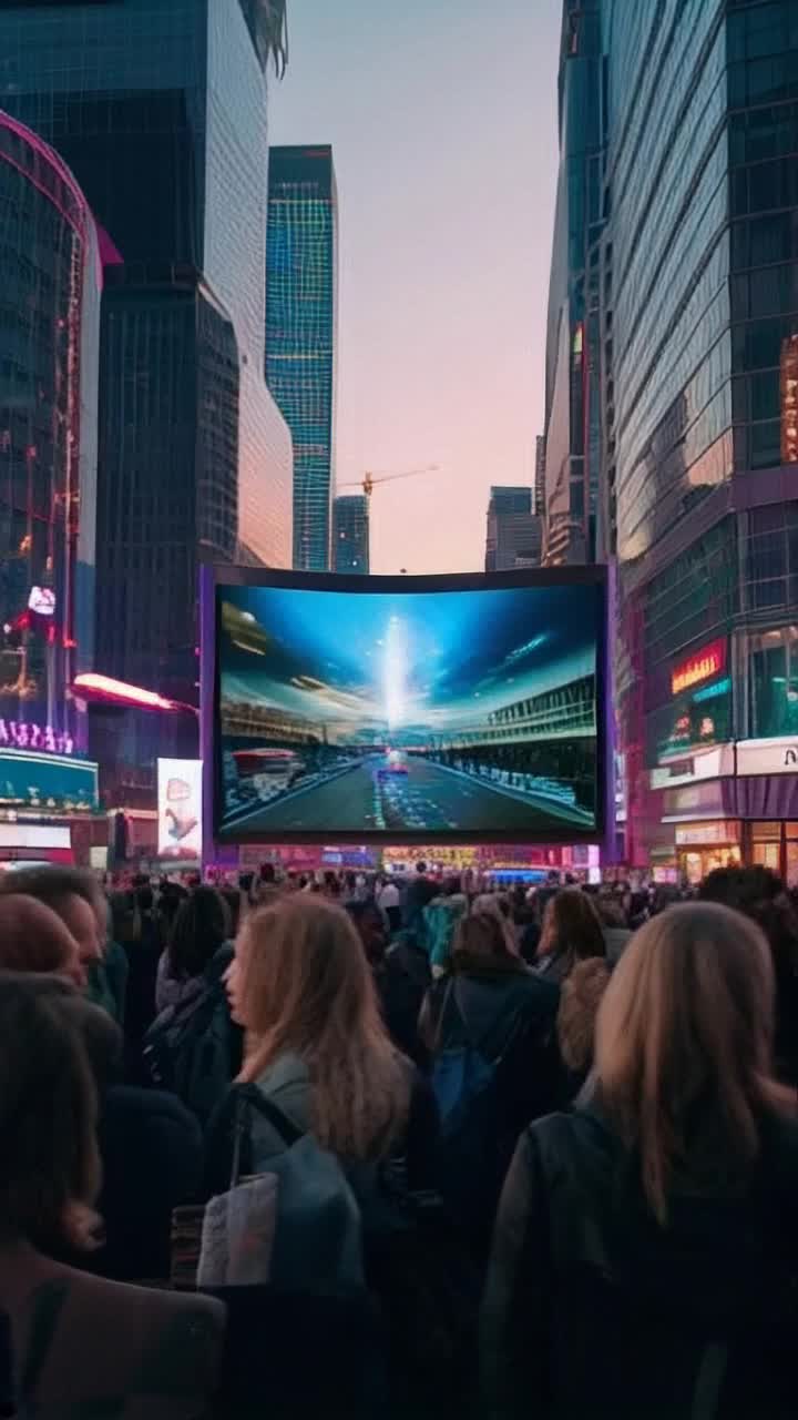 Dynamic shopper weaving swiftly through bustling urban crowd focused intently on colossal screen dazzling with vibrant futuristic advertisement beckoning viewers to explore alternate realities with a simple flick of a remote neon lights flickering overhead creating an electrifying atmosphere amidst towering skyscrapers reflecting sunset hues busy city sounds and lively chatter fueling the excitement