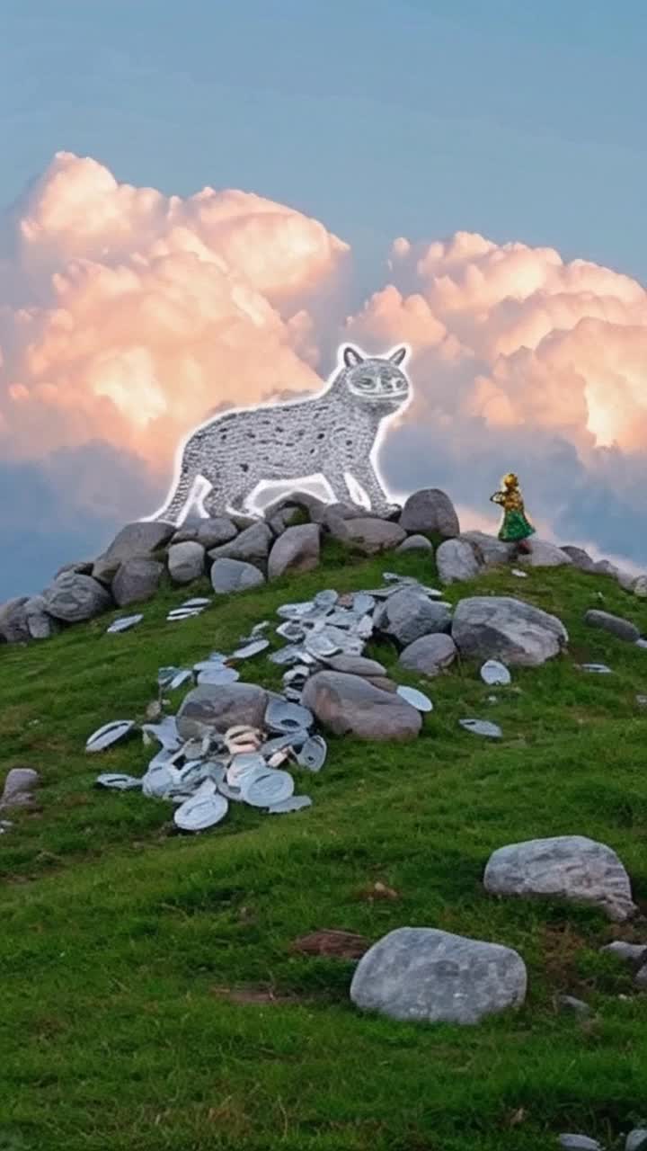 A huge chalk and gravel outline of  a fierce wildcat The outline is on a vibrant green grass hill with grey boulders with what appears to be silver metal jewelry and plates spilling out of the boulders There is a small form with gold hair that resembles a child but is an evil leprechaun The sky is a glorious light blue with puffy white clouds tinged with gold and pink