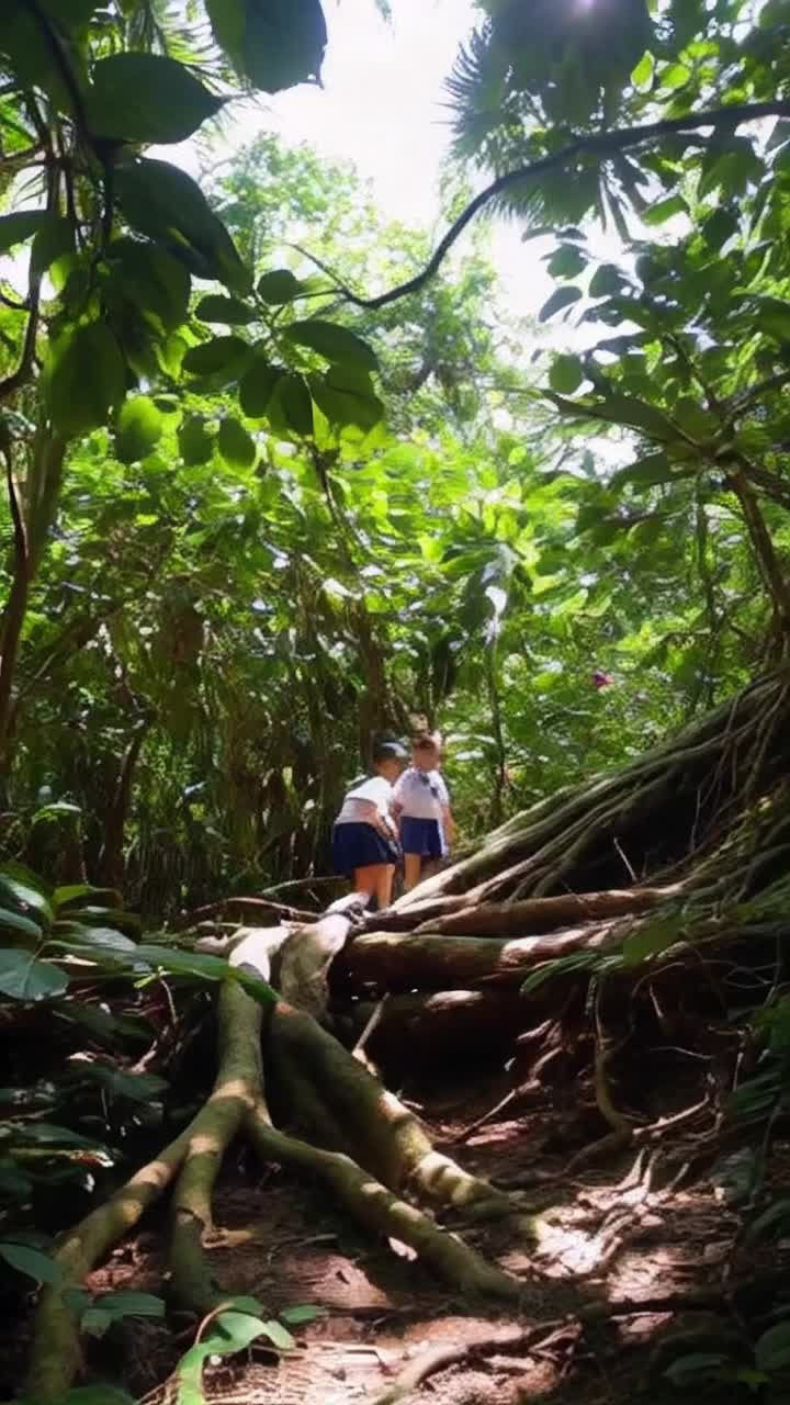 Two adventurous children in vibrant school uniforms navigate through a lush green jungle filled with towering trees and exotic plants Their laughter echoes as they leap over roots and duck under thick vines Sunlight filters through the canopy casting dappled shadows on their path Exotic birds flit overhead adding bursts of color through the foliage A gentle breeze rustles the leaves creating a symphony of nature surrounding them