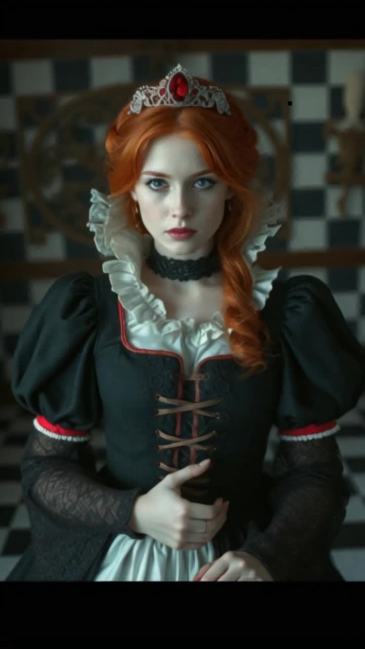 beautiful red head woman, dress in medieval queen clothes, Alice in wonderland theme behind her, shes dressed as the red queen, black, white, and red checkered walls and floors surround them amazing patterns, the beautiful red headed women begins having parts of her taken or broken away, people keep scooping parts of her away, eating her like slices of cake