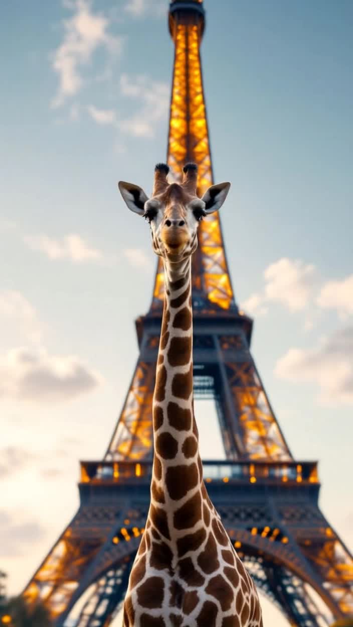 Giraffe standing in front of eiffel tower