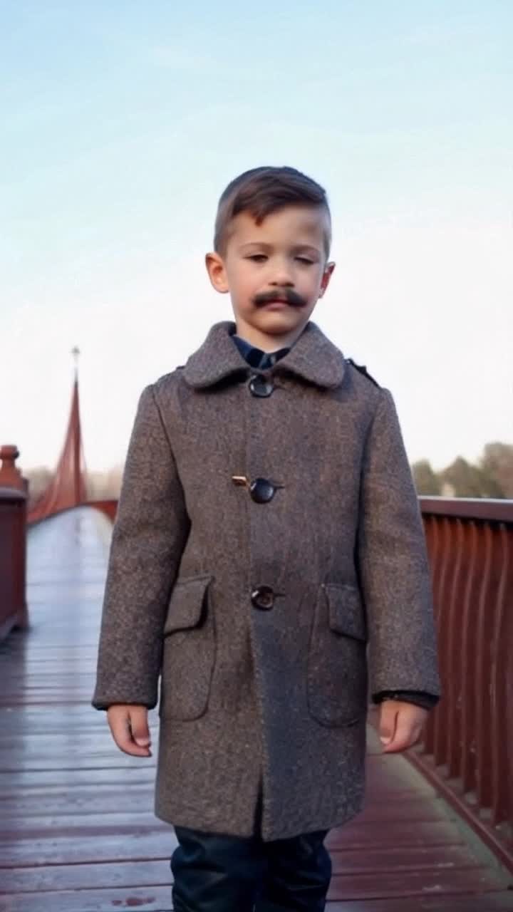 A cute 15 years boy walking on a bridge having some mustach and in a stylish woolen coat