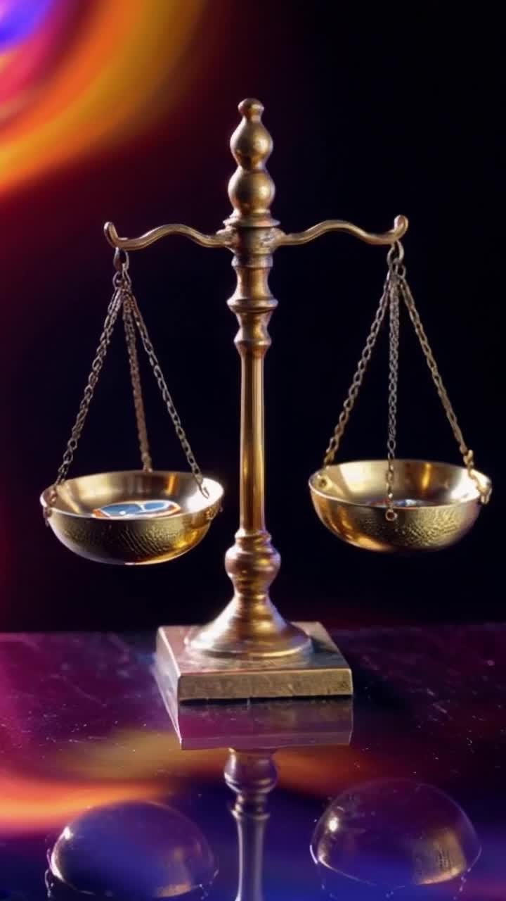 In a mesmerizing 3D render, a delicate set of antique scales oscillates perfectly balanced between two bowls One bowl contains a gleaming Bitcoin coin, its metallic surface reflecting light in cool, digital hues, while the other holds a shimmering kilogram of gold bullion, its surface alive with golden reflections and intricate patterns The warm, golden tones of the gold bullion contrast beautifully with the cool, digital glow of the Bitcoin, set against a backdrop of swirling, vibrant colors that evoke a sense of psychedelic wonder