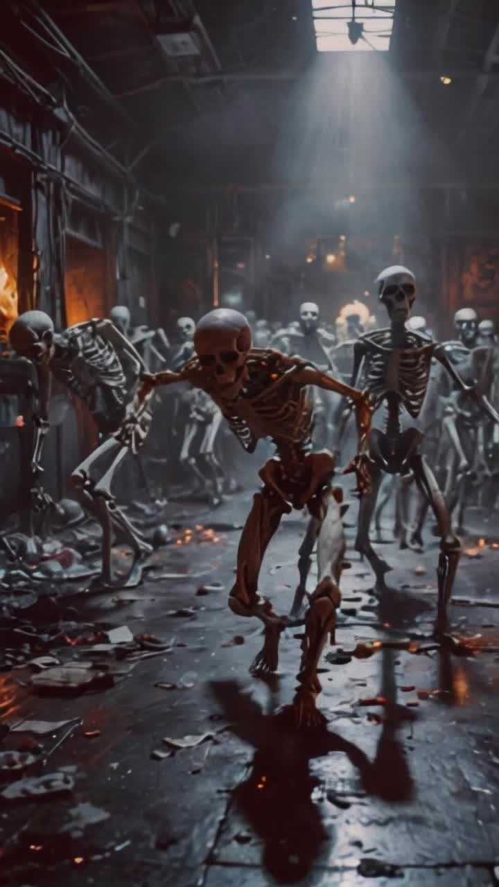 terrified and panicked bunch of anatomically correct Skeletons running and scattering towards the exit from inside a darklycolored danceclub, skeletons fleeing in terror from a techno light show rave dance,  skeleton dance party ends in terror, skeletons sprinting, 