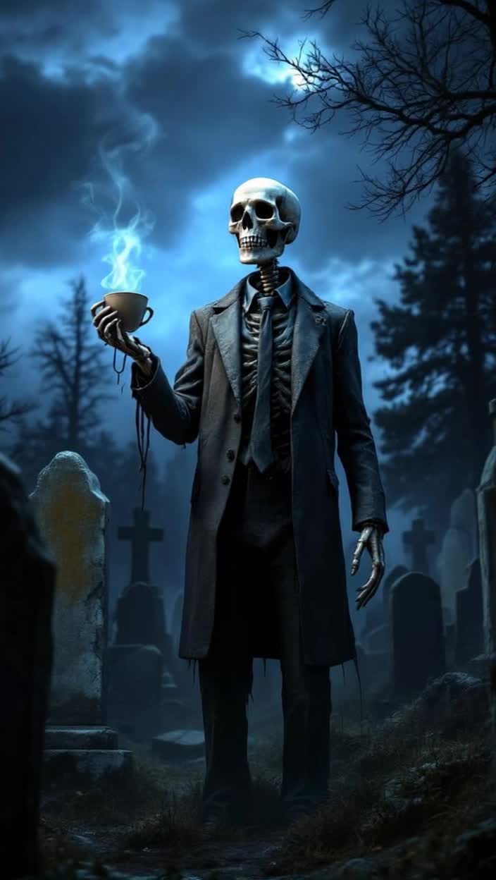 In a scary graveyard a spooky skeleton is handing you a coffee cup 