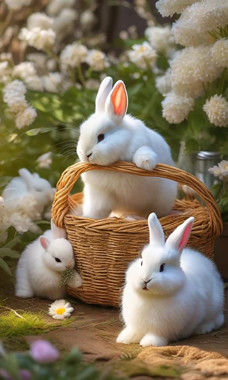 Fluffy white bunnies frolic energetically in a sunlit garden vivid speckles of color in their fur Dancing joyfully around a rustic beige wicker basket Overflowing with vibrantly decorated eggs glittering in shades of pastel Amidst a backdrop of blooming flowers swaying gently in a soft breeze Sparkles of sunlight stream through leafy branches creating a warm enchanting atmosphere