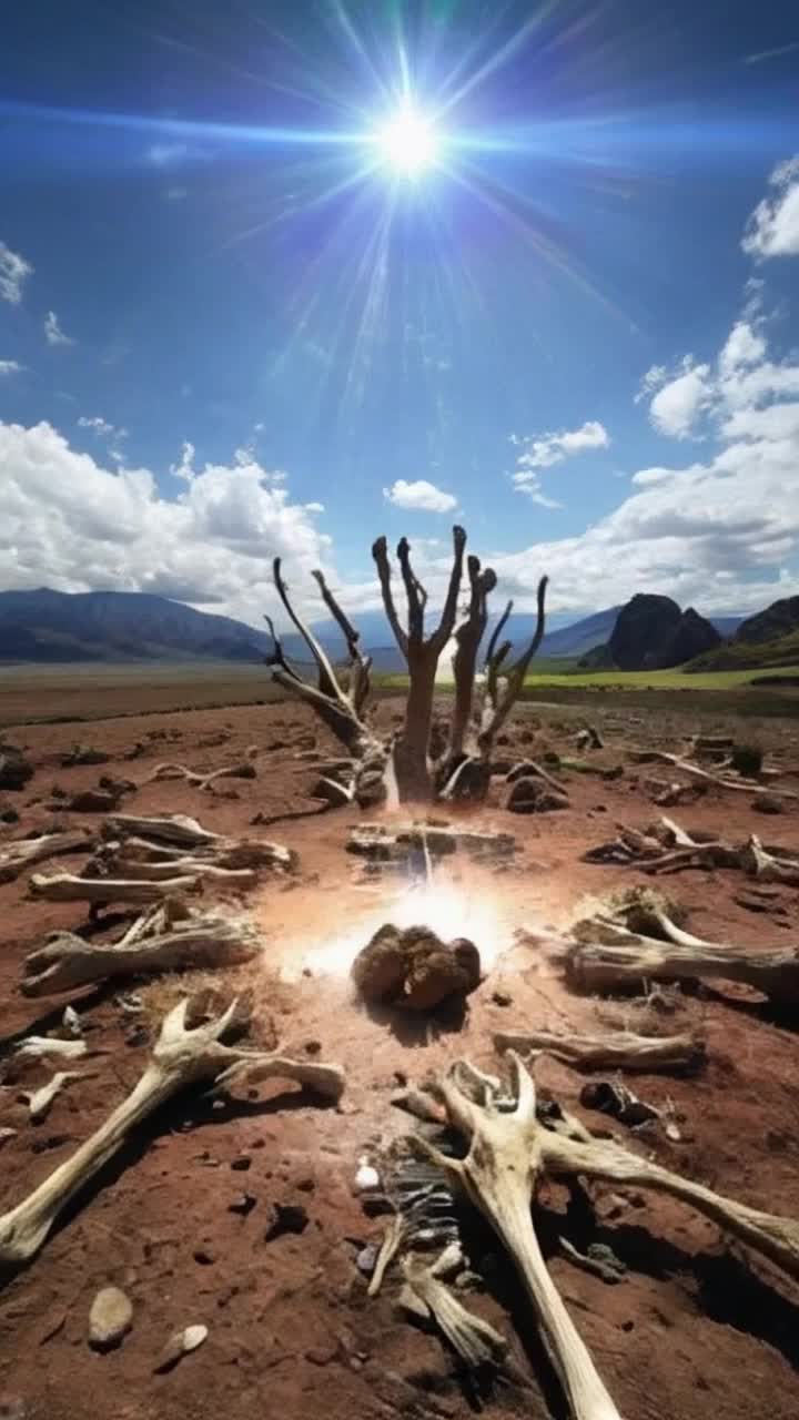 Ancient dry bones scattered across a vast barren landscape, rising individuals filled with hope and new life, vivid colors illuminating their once lifeless forms, a radiant light bursts forth from above, breathing spirit into the scene, fragments of shattered relationships reforming, flickering dreams rekindling with intense emotion, a vibrant oasis appears in the distance, lush greenery replacing desolation, distant mountains symbolize strength and endurance, ethereal clouds parting to reveal a sky filled with promise, echoes of joyful voices celebrating renewal and restoration throughout the air, resilience woven into the very fabric of existence