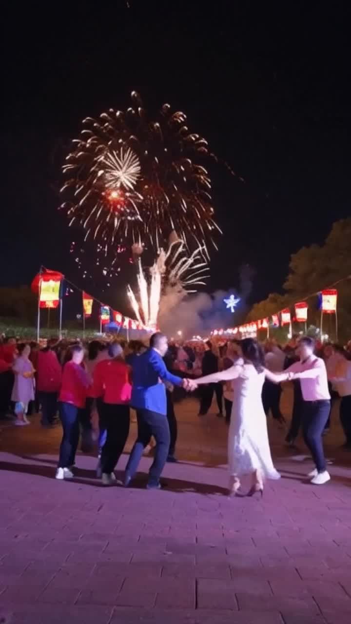 Joyous dancers adorned in vibrant red white blue attire twirling gracefully exuding energy bursting with enthusiasm Warm summer breeze carries rhythmic festive music pulsing from nearby speakers Streets alive with colorful flag banners swaying softly Glowing lanterns casting a magical light illuminating faces filled with joy Under a breathtaking display of fireworks blooming like flowers against a starry night sky Capturing an enchanting scene thick with excitement camaraderie celebrating unity Dancing together in perfect harmony surrounded by an electric atmosphere