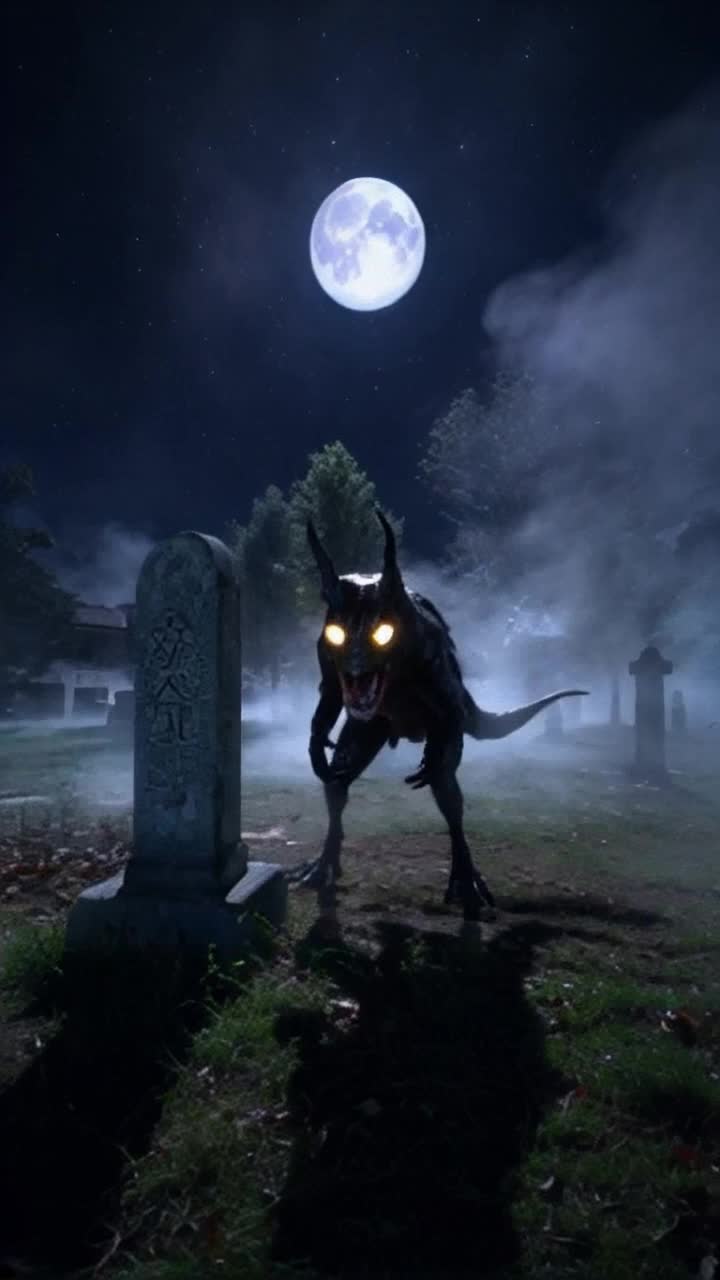 Horrific demonic ghoul with glowing eyes rising up towering over an ancient weathered tombstone shrouded in misty fog swirling menacingly beneath a full moon casting eerie shadows across the graveyard unearthly silence punctuated by distant howls as ghostly wisps of fog drift through the air cold night filled with a haunting chill leaves rustling softly nearby adding to the unsettling atmosphere