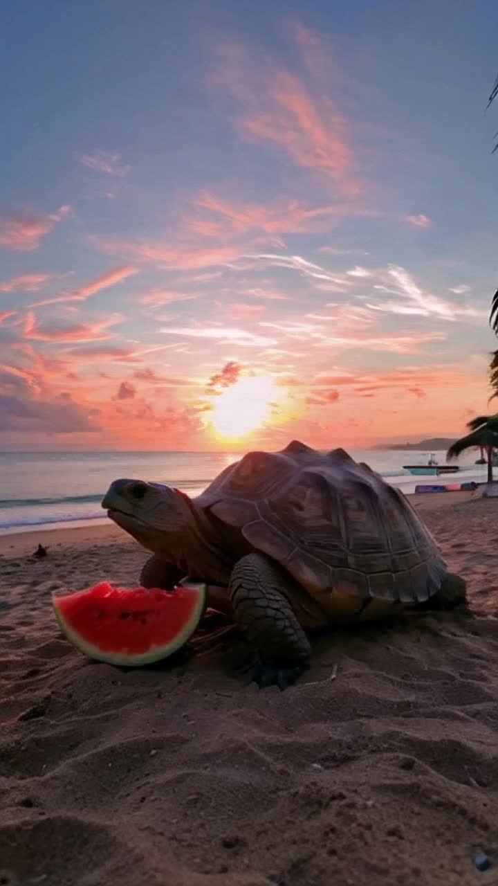 Tortoise lounging peacefully basking under golden sun rays vibrant orange and pink sky painted with wispy clouds enjoying a juicy wedge of watermelon Gentle waves lapping against the shore creating a soothing melody colorful beach umbrellas dotting the sandy landscape light breeze rustling nearby palm fronds enhancing the tranquil atmosphere blissful seashore retreat wrapped in serene comfort