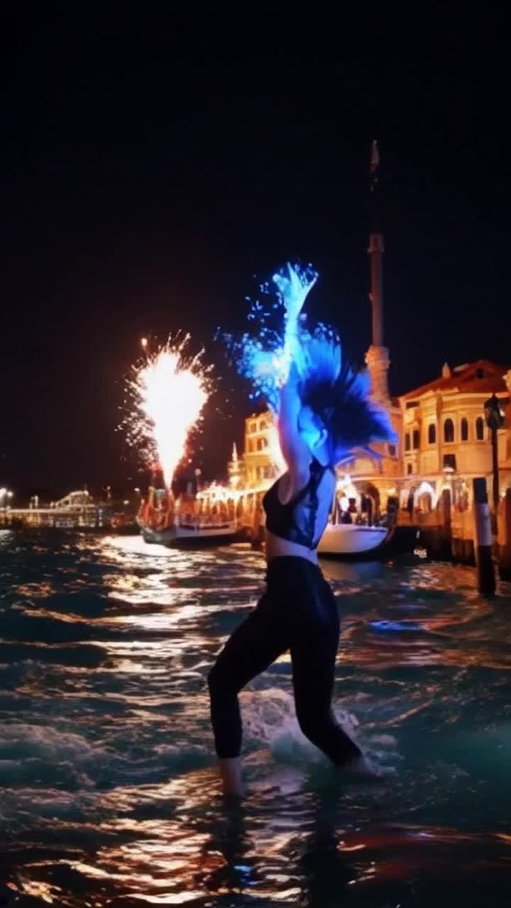 Chosen curse breaker with spiky hair radiating vibrant atomic blue energy strikes powerful dynamic poses amidst chaos surrounding him Dramatic Venetian lighting casts eerie shadows as fiery explosions illuminate the scene Reflective waterways ripple under the bursts of color creating an exhilarating contrast between dark mystique and electrifying brilliance