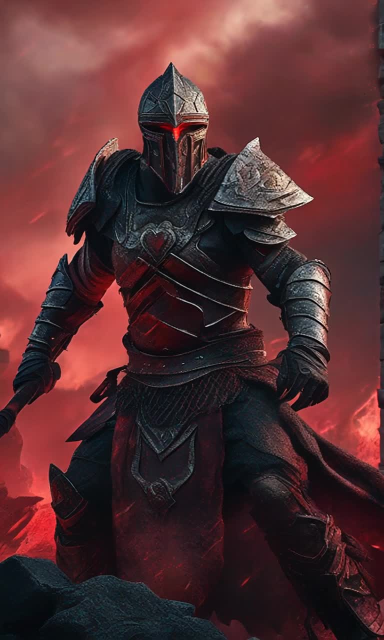 Warrior clad in battle-worn armor gripping a massive axe Heart pounding with fierce determination unleashes a flurry of powerful strikes Dark forces swirling around like shadows caught in a tempest Red gel lighting flickering ominously casting haunting crimson reflections on the walls Ancient ruined temple with crumbling stone pillars draped in dark vines eerie silence punctuated by the violence of combat
