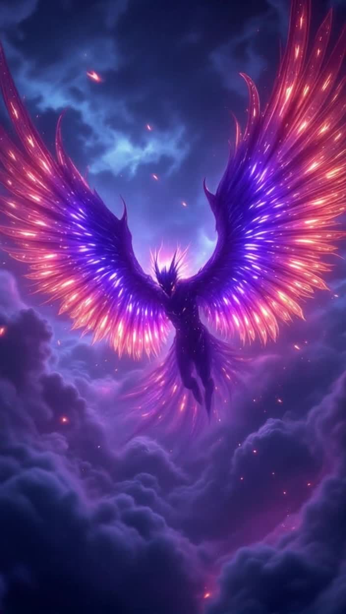 Glowing anthropomorphic wings fly fiercely into the unthinkable realm of the dreaded celebration 