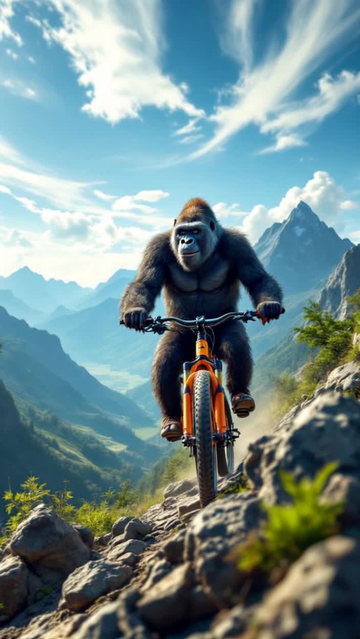 Majestic gorilla perched confidently on vibrant mountain bike powerful legs gripping handlebars agilely navigating steep rocky terrain exhilarated expression shining through fur joyful mountain biker in bright gear trails behind dodging trees and boulders surrounded by breathtaking panoramic views of lush green valleys and distant peaks under a radiant blue sky with wispy clouds adding sense of adventure and thrill