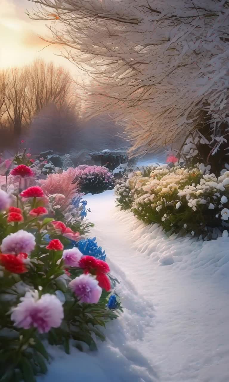 Vibrant colorful flowers in full bloom swaying gently with warm summer breezes delicate snowflakes cascading down blanketing ground in soft white gradual morphing from lively growth to serene stillness as seasonal change unfolds in harmonious flow sunlit gardens transition to tranquil snowy landscapes under softly glowing winter sky timelapse reveals enchanting journey of natures cycle capturing fleeting moments of beauty inviting viewers to witness everchanging magic of life