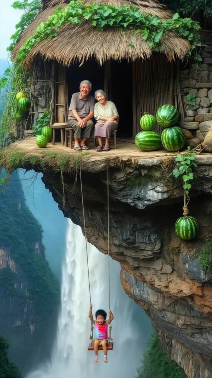 A peaceful elderly couple sits smiling in front of a small traditional wooden hut hanging on the edge of a high cliff, surrounded by ripe watermelons and green vines Below them, a cheerful child swings joyfully over a massive waterfall, with mist rising from the crashing water The camera slowly pans from the couple to the swinging child, capturing the stunning vertical drop and the vast, lush valley in the background Realistic motion, cinematic lighting, gentle breeze moving the vines and watermelons slightly, birds flying in the distance