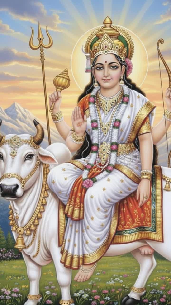 Radiant goddess adorned in flowing white garments with shimmering jewels illuminating her presence, gracefully dances amidst swirling clouds of soft white mist, divine light emanating from her Ethereal glow surrounded by vibrant lotus flowers in full bloom, delicate petals glistening with dewdrops, creating an atmosphere of tranquility Majestic mountains in the distance, peaks dusted with pure snow under a brilliant blue sky, highlighting the serene beauty of this celestial realm