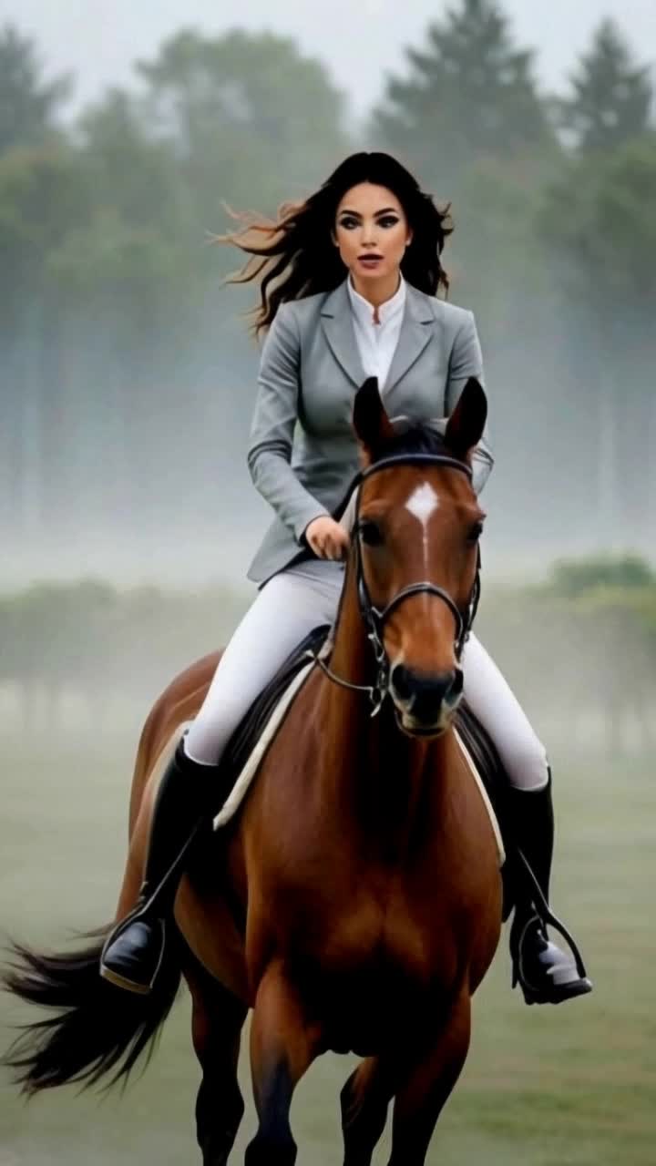 Elegant woman dressed in polished jockey attire gracefully riding a stunning thoroughbred horse with a glossy coat gliding forward through the soft fog enveloping the scene Morning light filters through the mist illuminating dewkissed grass and distant silhouettes of trees standing tall in the hazy atmosphere Gentle whispers of wind rustling leaves added to tranquil ambiance as horses hooves softly thud against the moist earth creating a melodic rhythm alongside the womans confident posture