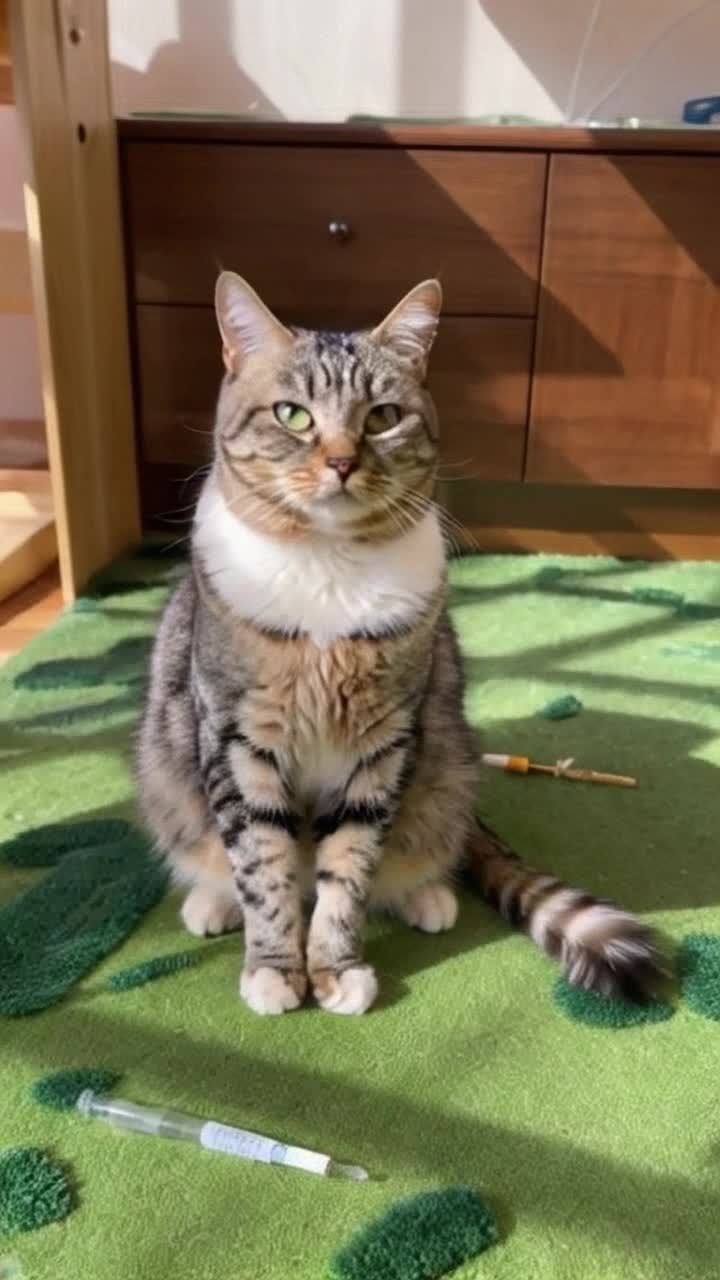 A fluffy striped cat wearing a branded medical uniform with a stethoscope around its neck holds a syringe in a cozy, sunny room where scattered catnip leaves create a bright green carpet against the backdrop of warm wooden furniture