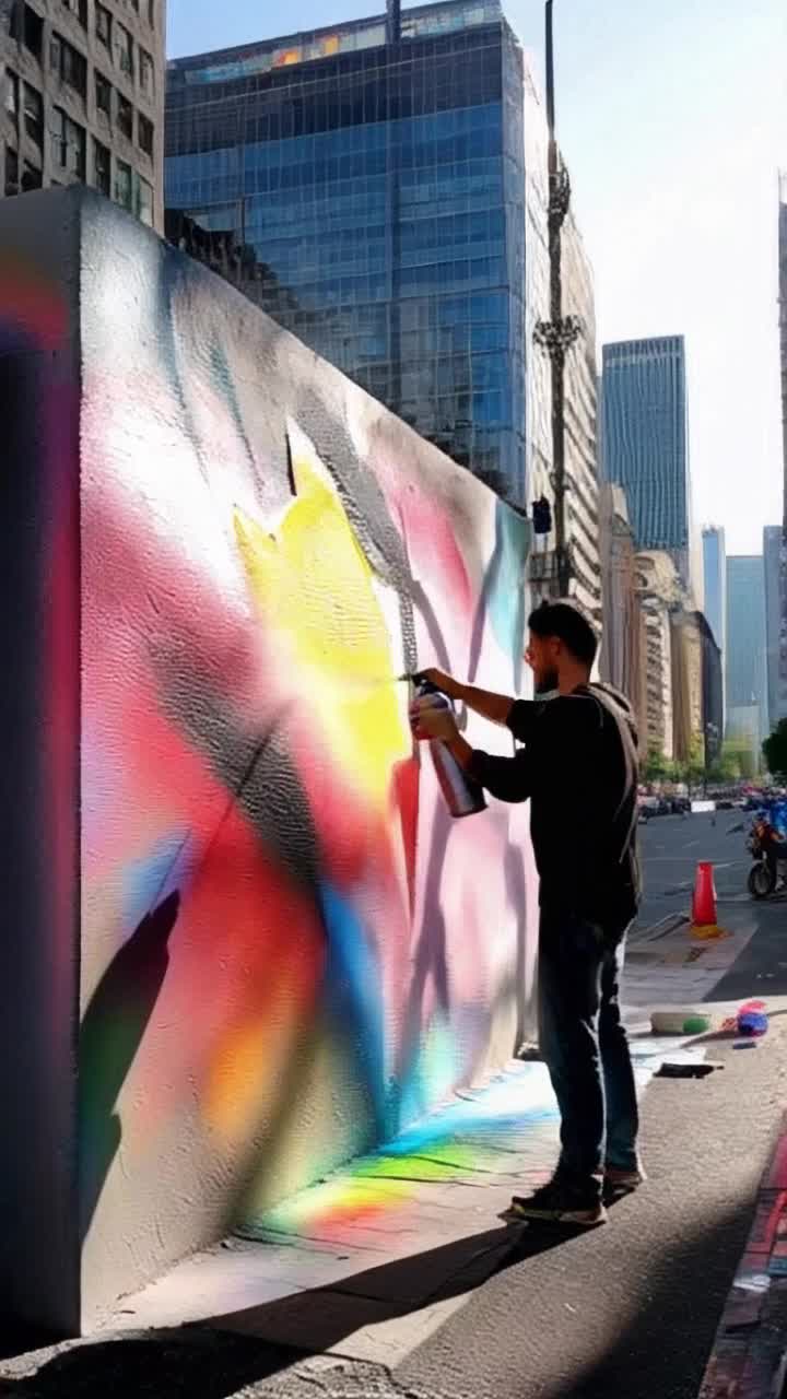 vivid hyper photorealistic artist wielding a spray paint can pouring vibrant colors onto a towering blank wall embodying Maya Angelou's powerful words with every passionate stroke creating intricate patterns and rich textures alive with emotion surrounded by an energetic urban landscape busy streets alive with movement sunlight filtering through skyscrapers casting dynamic shadows creating an atmosphere of inspiration and creativity